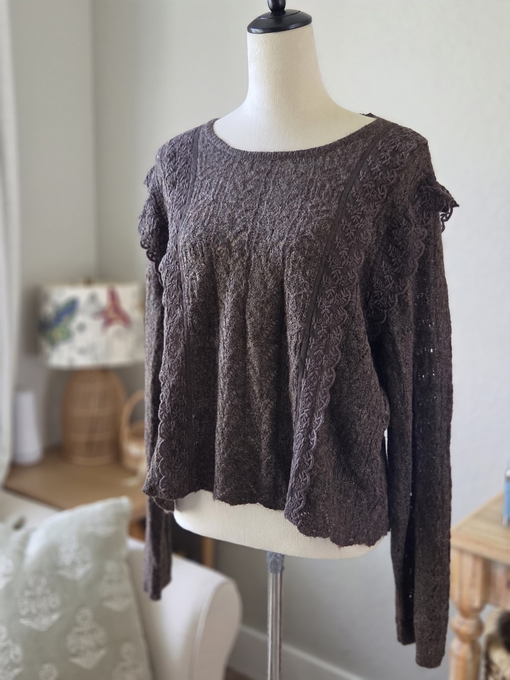 American Eagle Outfitters Dark Brown Lace-Trim Crewneck Sweater - Picture 2 of 5